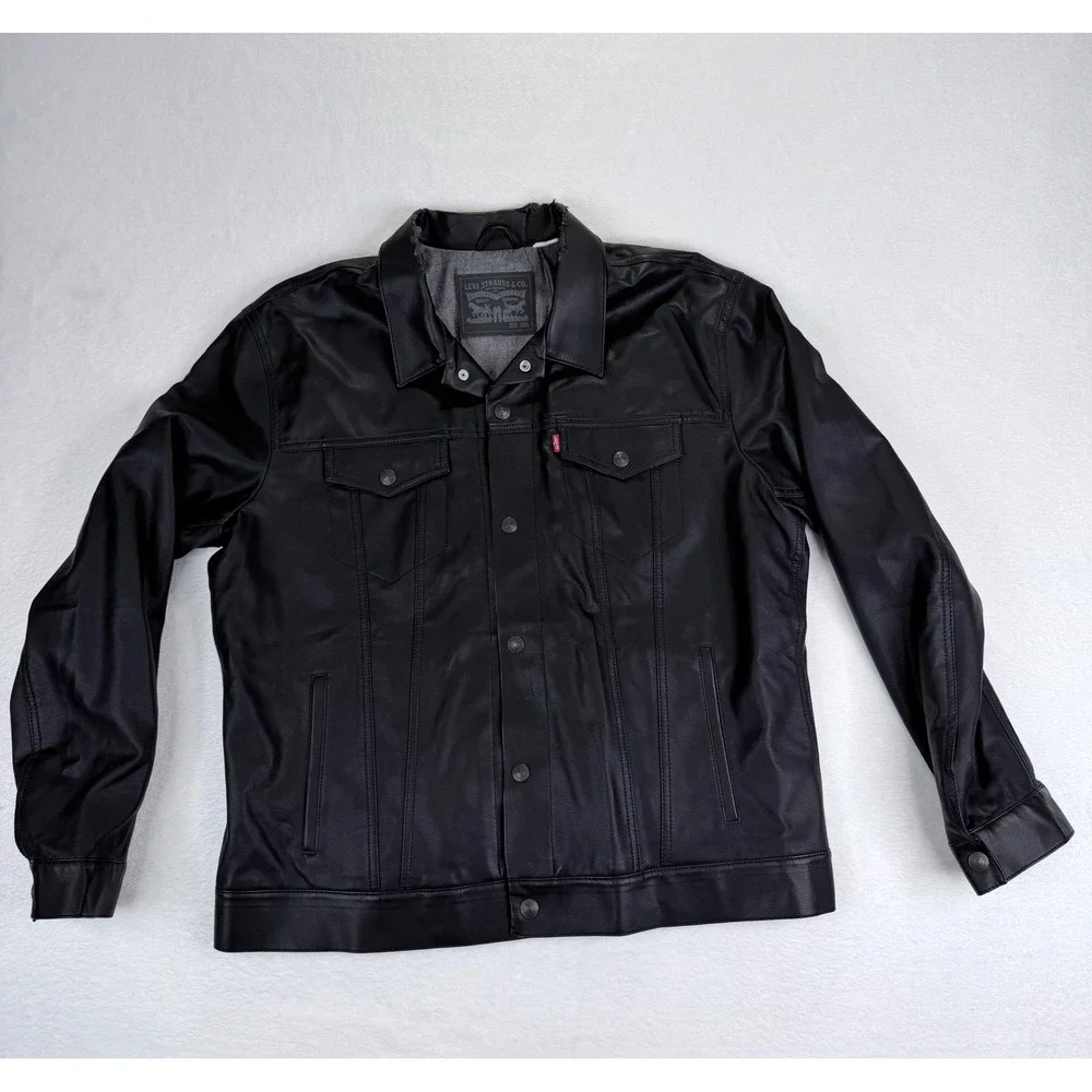 Levis Mens Black Faux Leather Trucker Jacket XXL Button Front - Picture 1 of 12